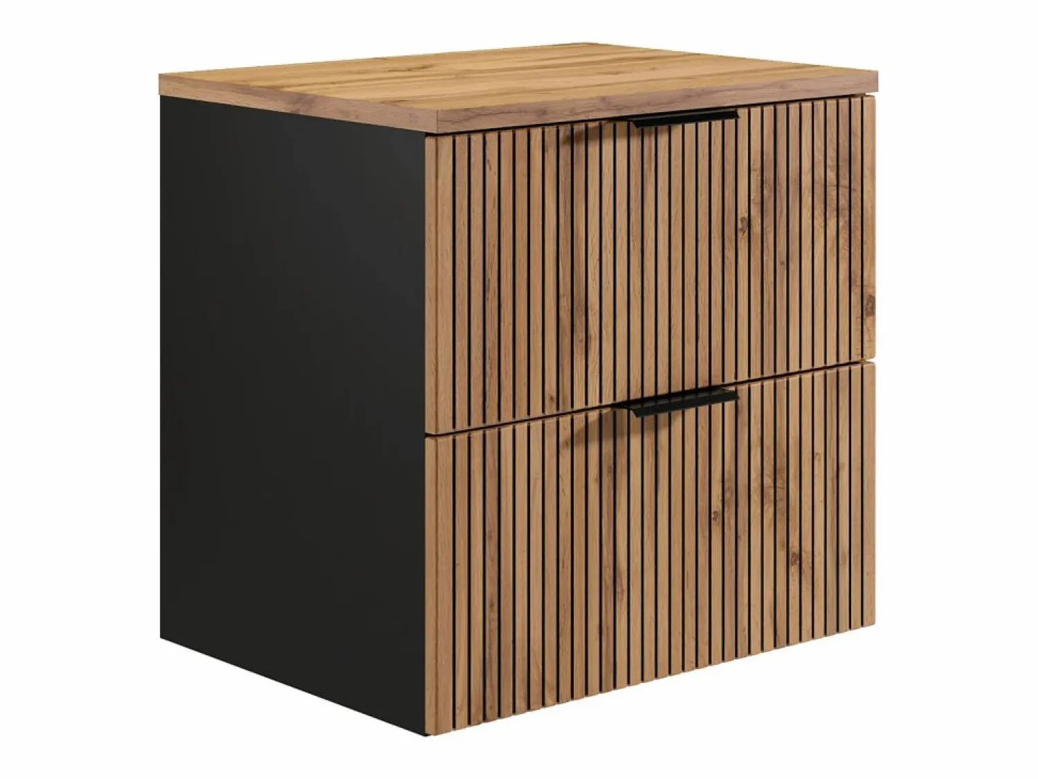 Outlet Vente-unique Mueble suspendido estriado con lavabo sobre encimera redondo, natural claro y negro, 60 cm, MADELA Negro / Color natural claro