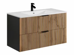 Vente-unique Mueble suspendido estriado y lavabo encastrado + columna efecto madera y negro, 100 cm, MADELA
