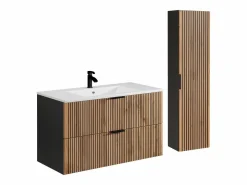 Vente-unique Mueble suspendido estriado y lavabo encastrado + columna efecto madera y negro, 100 cm, MADELA