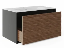 New Vente-unique Mueble suspendido rayado con lavabo encastrado - Natural oscuro y negro - 80 cm - BANIVA Negro / Color natural oscuro