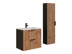 Vente-unique Mueble suspendido y lavabo + columna natural claro y negro, 60 cm, MADELA