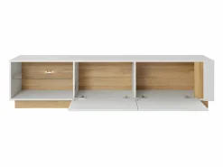 Outlet Vente-unique Mueble TV - 2 puertas y 2 estantes - Con LEDs - Blanco brillante y roble - MURARI Color natural claro / Blanco