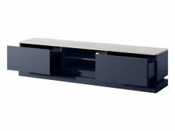 Vente-unique Mueble TV 2 cajones y 2 estantes con LEDs de MDF - Azul y efecto mármol blanco - DEVIKA