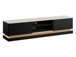 Vente-unique Mueble TV 2 cajones y 2 estantes con LEDs de MDF - Negro y efecto mármol blanco - DEVIKA