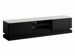 Vente-unique Mueble TV 2 cajones y 2 estantes con LEDs de MDF - Negro y efecto mármol blanco - DEVIKA