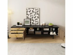 New ModernLuxe Mueble TV 180×38×50 cm - 2 puertas y 3 cajones - MDF + paneles de partículas - Negro + Natural Negro / Color natural claro