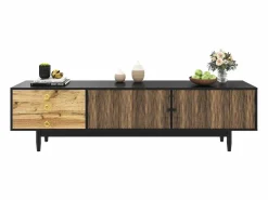 New ModernLuxe Mueble TV 180×38×50 cm - 2 puertas y 3 cajones - MDF + paneles de partículas - Negro + Natural Negro / Color natural claro