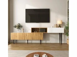 ModernLuxe Mueble TV 220×30×63,4 cm - diseño en dos módulos - aspecto madera - blanco + natural