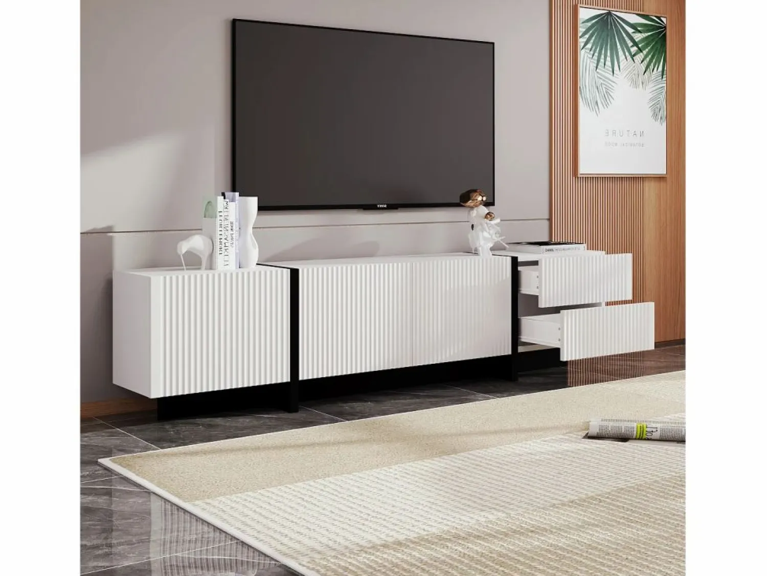 Clearance Mueble TV con 2 cajones y 3 puertas - 190 x 35 x 45 cm - Madera MDF y tableros de partículas - + negro Mueble Tv