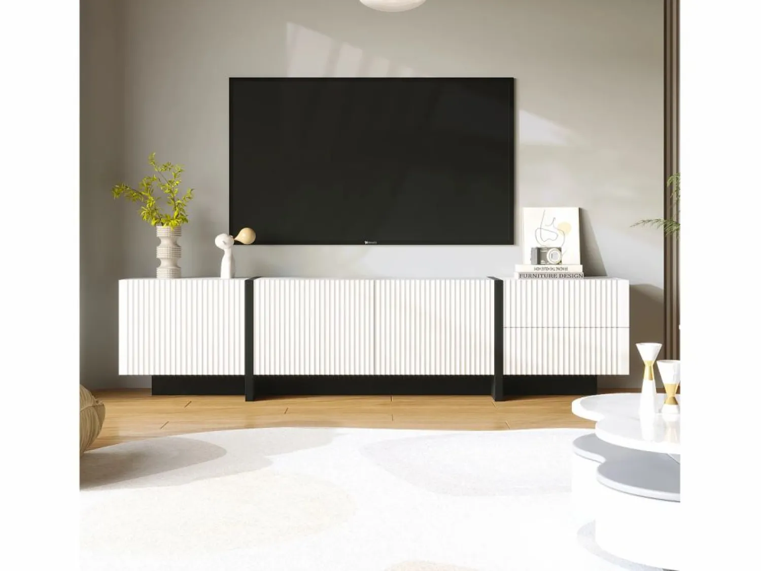 Clearance Mueble TV con 2 cajones y 3 puertas - 190 x 35 x 45 cm - Madera MDF y tableros de partículas - + negro Mueble Tv