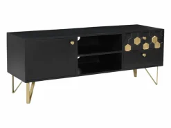 Clearance Vente-unique Mueble TV con 1 puerta, 2 cajones y 2 estantes de madera de mango - y Dorado - BELORI Negro