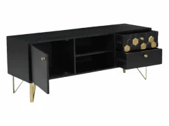 Clearance Vente-unique Mueble TV con 1 puerta, 2 cajones y 2 estantes de madera de mango - y Dorado - BELORI Negro