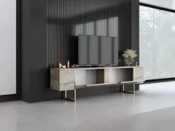 Clearance Mueble TV con 2 puertas - Efecto travertino y dorado - ZIRELDA Mueble Tv