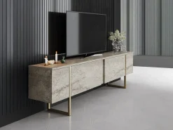 Clearance Mueble TV con 2 puertas - Efecto travertino y dorado - ZIRELDA Mueble Tv