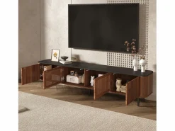 Hauss Spole Mueble TV con 4 puertas, 190 x 35 x 45 cm - Tapa negra - Color madera oscura