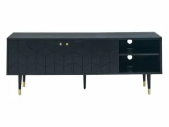Vente-unique Mueble TV con 2 puertas y 2 estantes chapado en roble - Negro y dorado - PARIOMA
