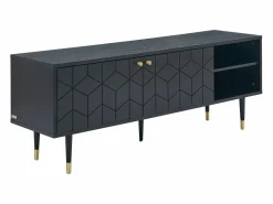 Vente-unique Mueble TV con 2 puertas y 2 estantes chapado en roble - Negro y dorado - PARIOMA