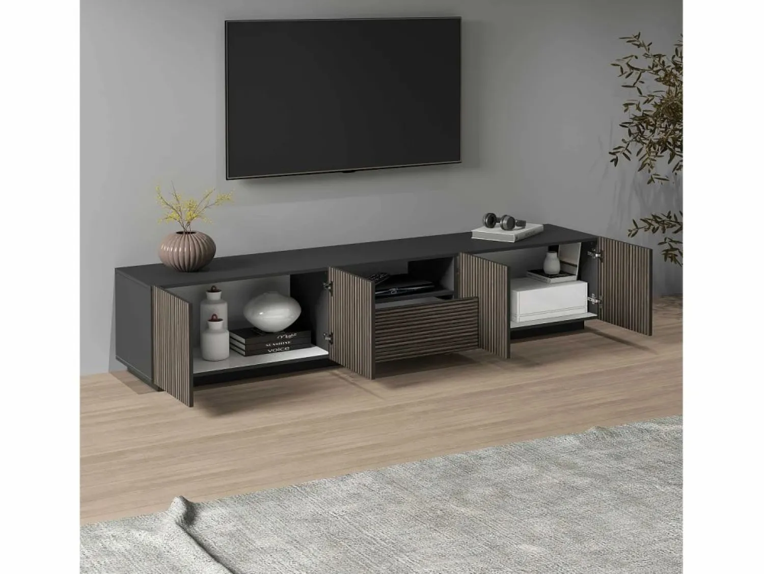 Mueble TV Coste con 4 puertas, 1 cajón y 1 compartimento, antracita/madera oscura, 220,1 x 43 x 46 cm Color natural oscuro