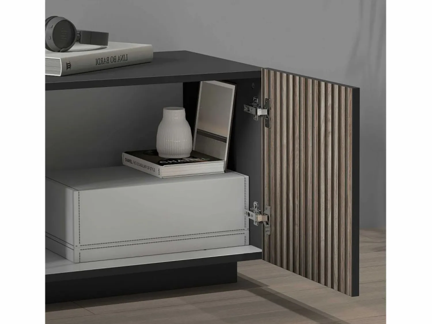 Mueble TV Coste con 4 puertas, 1 cajón y 1 compartimento, antracita/madera oscura, 220,1 x 43 x 46 cm Color natural oscuro