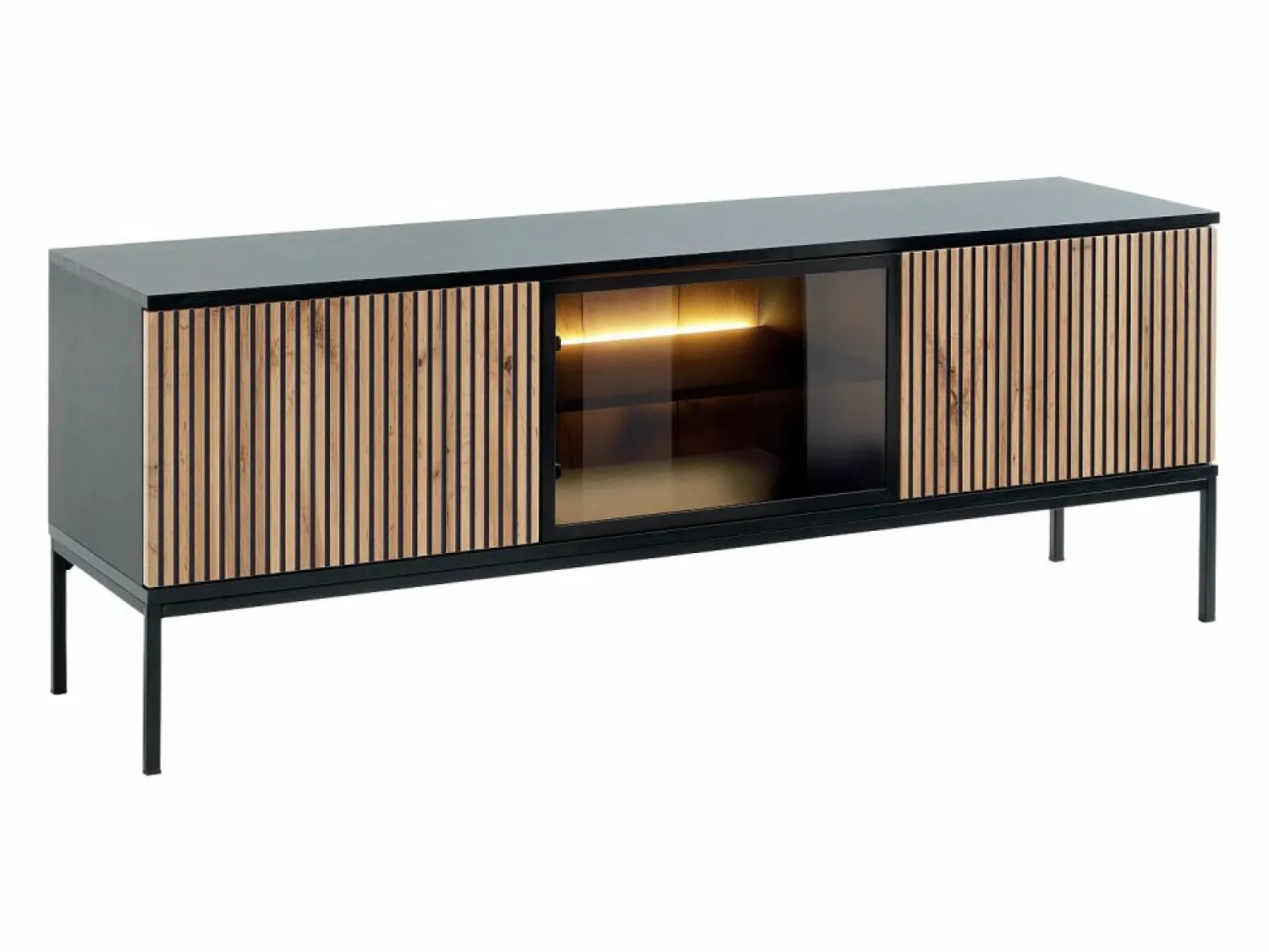 Outlet Vente-unique Mueble TV de 3 puertas con LEDs de MDF y vidrio ahumado - Natural claro y Negro - OVILA Negro / Color natural claro
