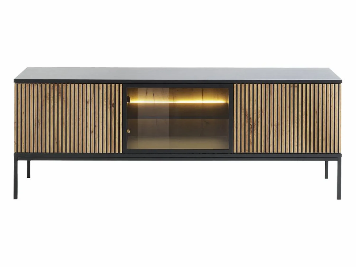 Outlet Vente-unique Mueble TV de 3 puertas con LEDs de MDF y vidrio ahumado - Natural claro y Negro - OVILA Negro / Color natural claro