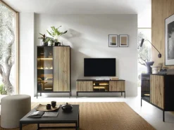 Outlet Vente-unique Mueble TV de 3 puertas con LEDs de MDF y vidrio ahumado - Natural claro y Negro - OVILA Negro / Color natural claro
