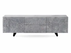 Clearance Mueble TV de 2 puertas y 2 cajones gris de madera de mango Marru00f3n