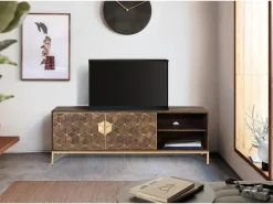 Clearance Giner y colomer Mueble tv en madera de mango y detalles dorados Marru00f3n