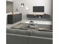 Hot Mueble TV Garda con 2 puertas y 1 estante central, color antracita mate y roble, 210 x 35 x 30 cm Gris antracita
