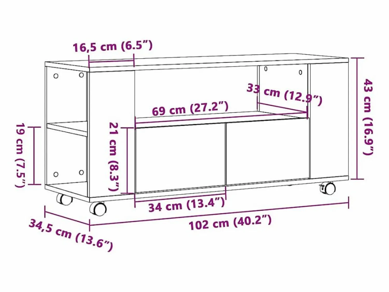 Outlet Mueble TV ruedas madera ingeniería roble artisan 102x34,5x43cm Mueble Tv