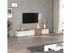 New Mueble TV suspendido Iseo con 2 puertas y 1 puerta abatible brillo y roble 200x35x30 cm Blanco