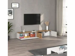 New Mueble TV suspendido Iseo con 2 puertas y 1 puerta abatible brillo y roble 200x35x30 cm Blanco