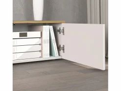 New Mueble TV suspendido Iseo con 2 puertas y 1 puerta abatible brillo y roble 200x35x30 cm Blanco