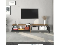 Outlet Mueble TV suspendido Iseo con 2 puertas y 1 puerta abatible, color antracita mate y roble, 200 x 35 x 30 cm Mueble Tv