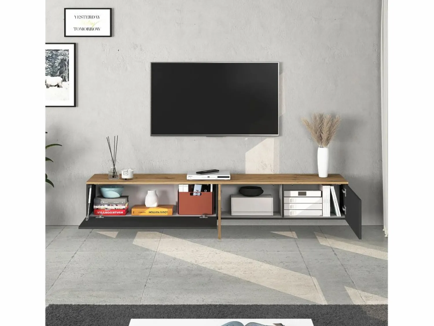 Outlet Mueble TV suspendido Iseo con 2 puertas y 1 puerta abatible, color antracita mate y roble, 200 x 35 x 30 cm Mueble Tv