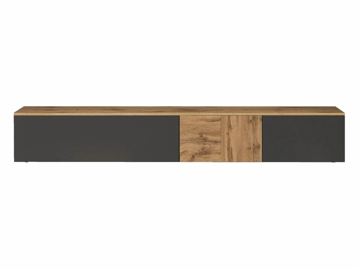 Outlet Mueble TV suspendido Iseo con 2 puertas y 1 puerta abatible, color antracita mate y roble, 200 x 35 x 30 cm Mueble Tv