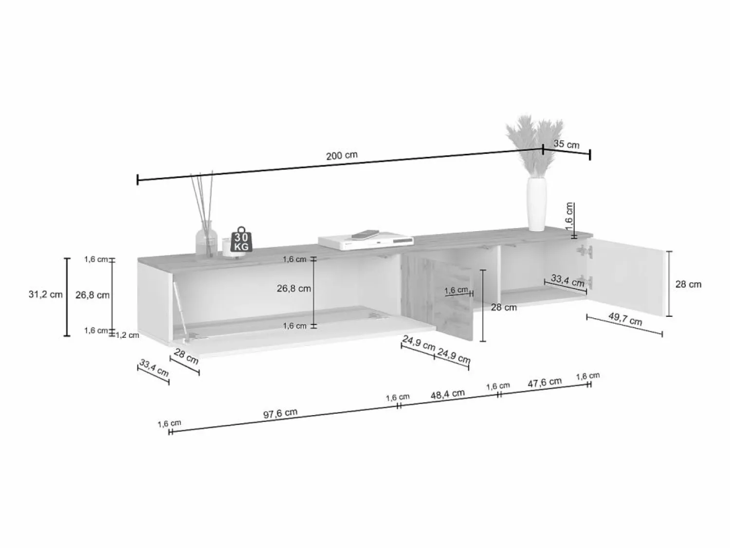 Outlet Mueble TV suspendido Iseo con 2 puertas y 1 puerta abatible, color antracita mate y roble, 200 x 35 x 30 cm Mueble Tv