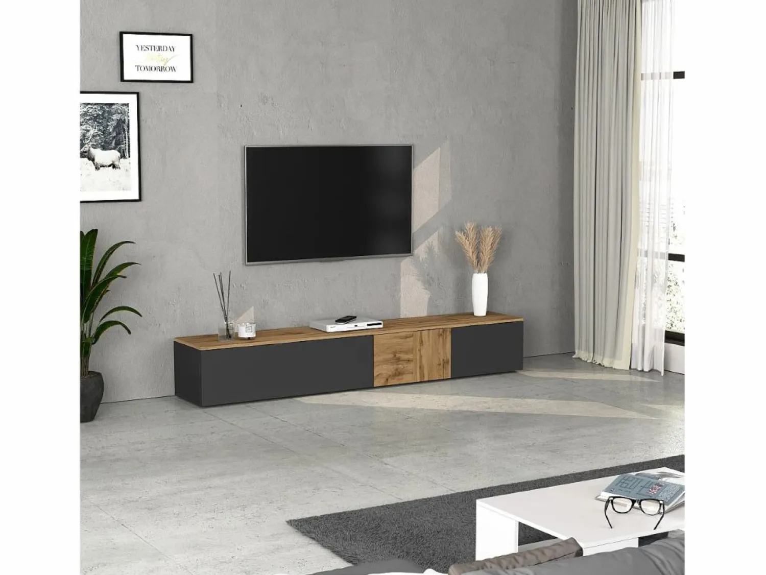 Outlet Mueble TV suspendido Iseo con 2 puertas y 1 puerta abatible, color antracita mate y roble, 200 x 35 x 30 cm Mueble Tv