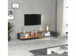 Outlet Mueble TV suspendido Iseo con 2 puertas y 1 puerta abatible, color antracita mate y roble, 200 x 35 x 30 cm Mueble Tv
