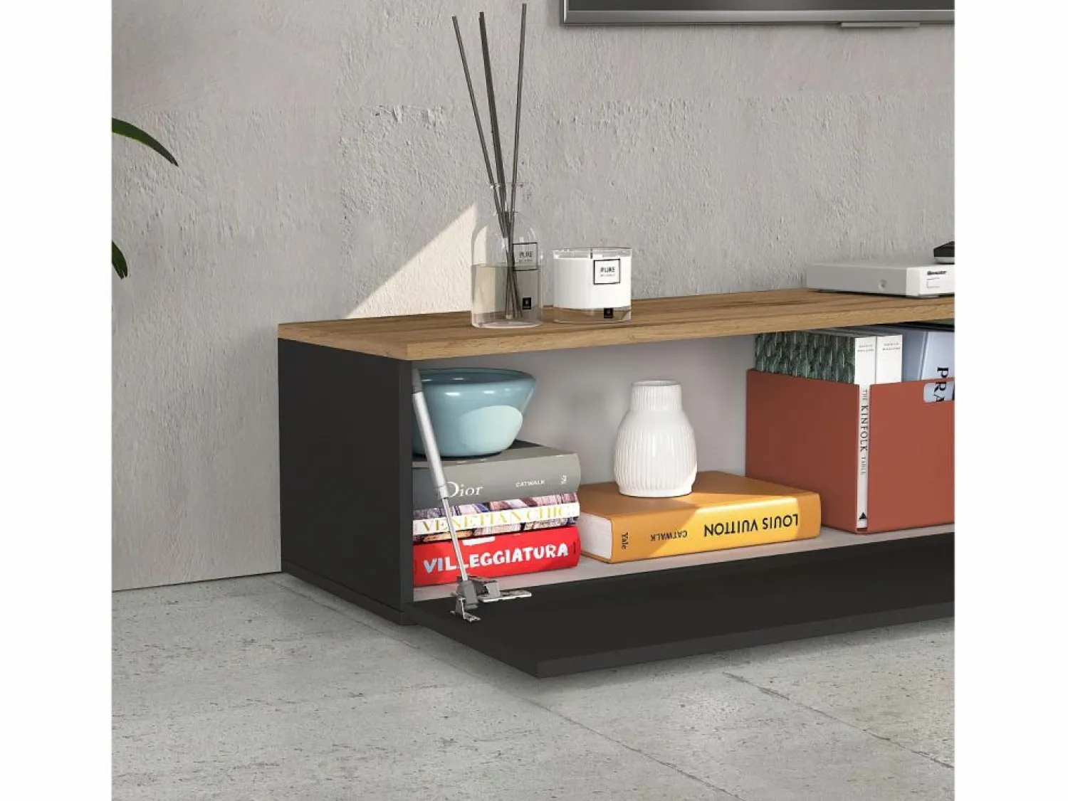 Outlet Mueble TV suspendido Iseo con 2 puertas y 1 puerta abatible, color antracita mate y roble, 200 x 35 x 30 cm Mueble Tv