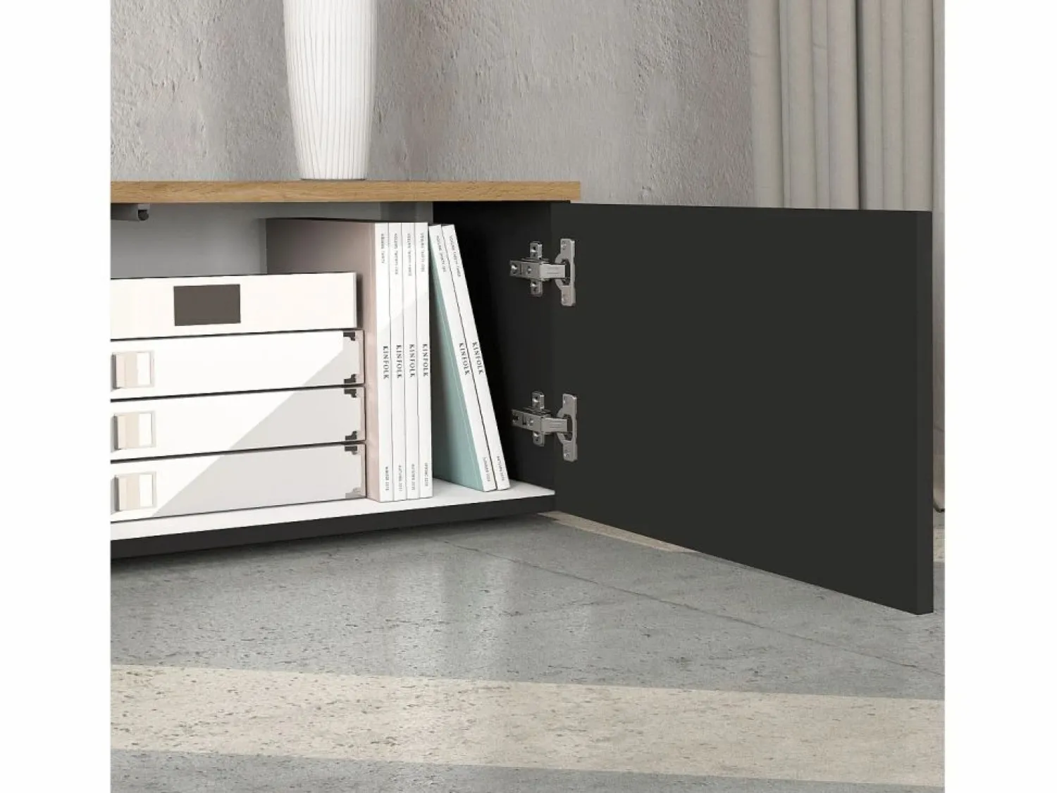 Outlet Mueble TV suspendido Iseo con 2 puertas y 1 puerta abatible, color antracita mate y roble, 200 x 35 x 30 cm Mueble Tv