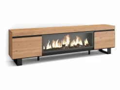 Outlet Skraut Home Mueble TV, Televisión, 208x35x57cm, Para TV hasta 80", Chimenea eléctrica XXL, Diseño industrial, Roble Color natural claro