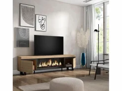 Outlet Skraut Home Mueble TV, Televisión, 208x35x57cm, Para TV hasta 80", Chimenea eléctrica XXL, Diseño industrial, Roble Color natural claro