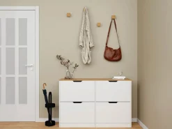 Vente-unique Mueble zapatero con 4 compartimentos abatibles - Blanco y natural - LOTULA