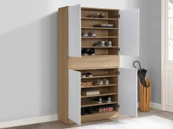 Vente-unique Mueble zapatero con 4 puertas y 1 cajón - Blanco y Natural - COVIANA