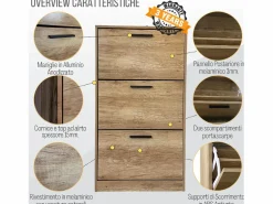Mueble zapatero de madera de roble 63x24x115cm, 3 puertas plegables, doble fondo, para entrada, muebles bajos - ZIK