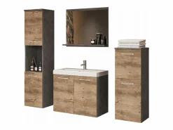 New Muebles de baño, conjunto colgante con lavabo, espejo y 2 columnas, cuerpo matera frentes castaño mate Conjunto De Baño