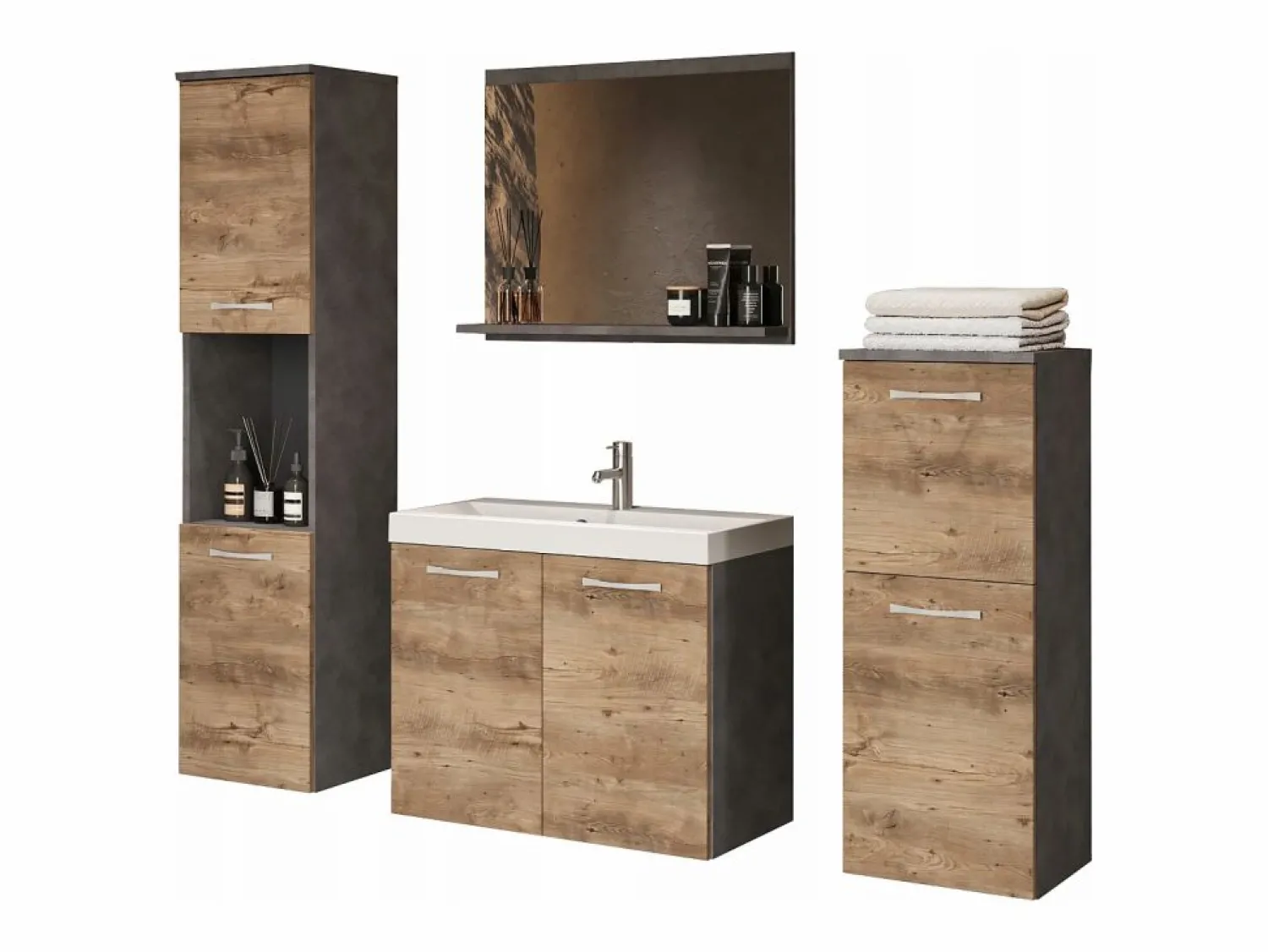 New Muebles de baño, conjunto colgante con lavabo, espejo y 2 columnas, cuerpo matera frentes castaño mate Conjunto De Baño