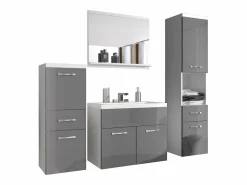 Clearance Muebles de baño modernos, conjunto suspendido con lavabo, espejo y columnas, cuerpo mate / frentes gris brillo Blanco