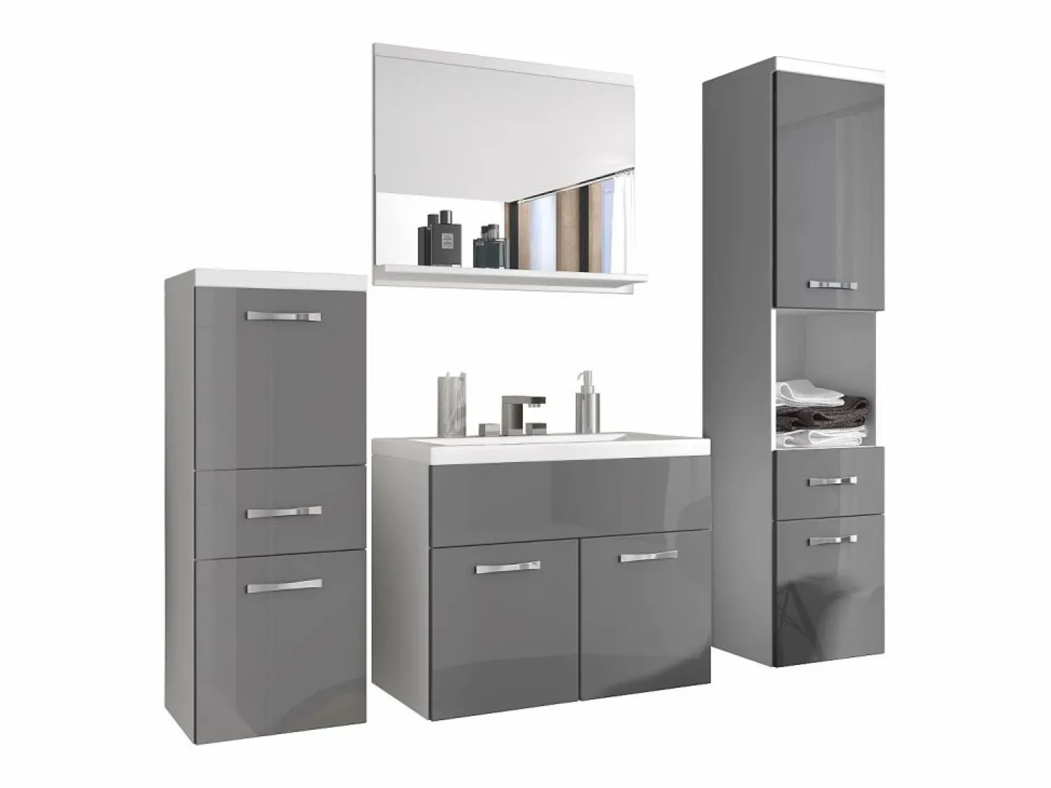 Clearance Muebles de baño modernos, conjunto suspendido con lavabo, espejo y columnas, cuerpo mate / frentes gris brillo Blanco
